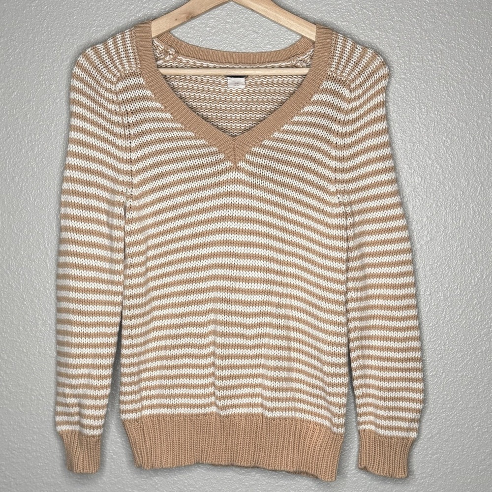 J.Crew Tan Cream Stripe Cotton V Neck Sweater XS Old Money Coastal Prep Knit